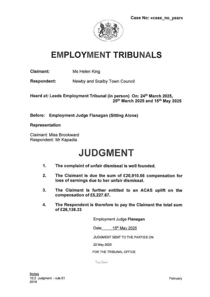 Copy of Employment Tribunal Judgement, Claimant Helen King